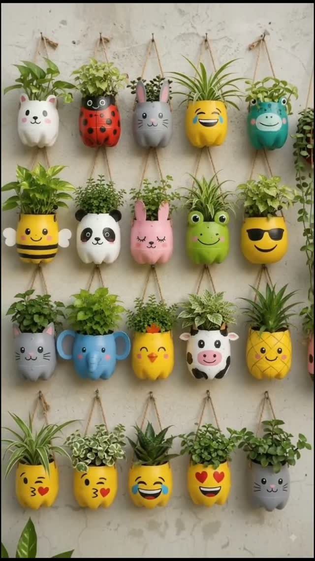 Colorful animal and emoji shaped plastic bottle planters hanging with green plants.