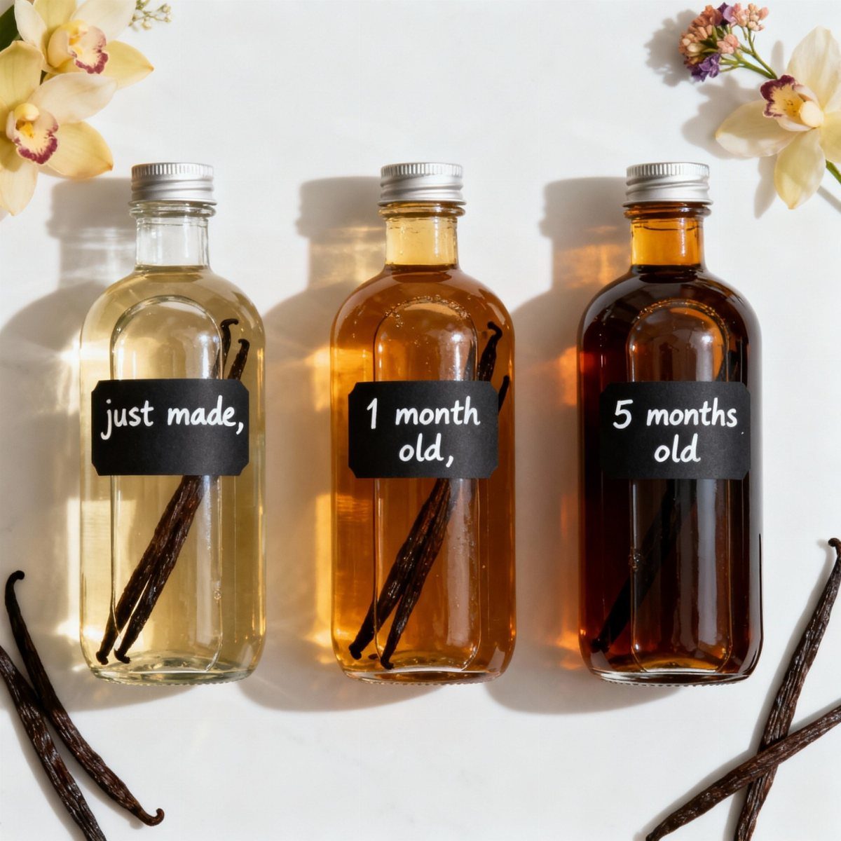 Three glass bottles of homemade vanilla extract showing different stages of aging process.