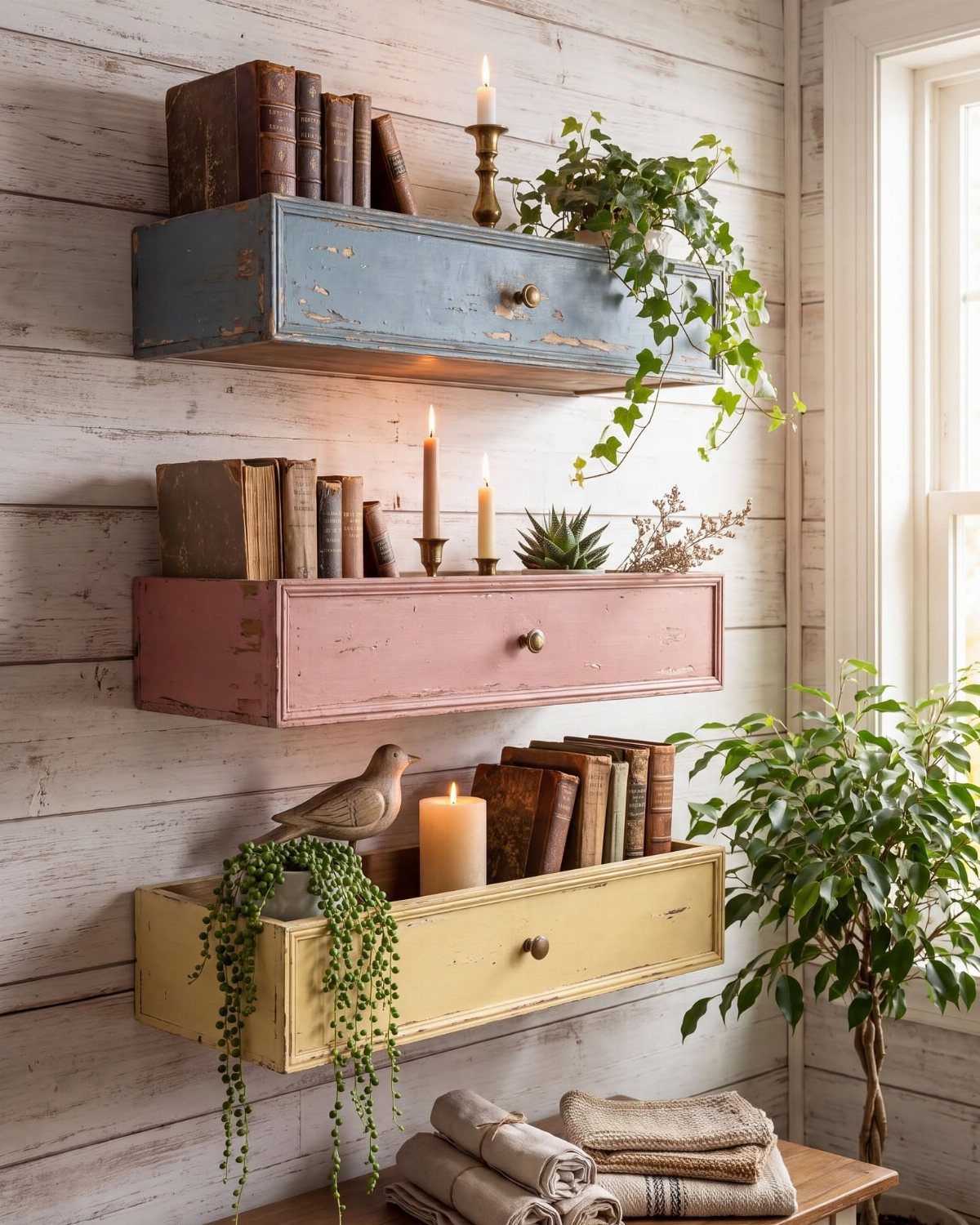 Repurposed wooden drawers used as wall shelves holding books, candles, and indoor plants.