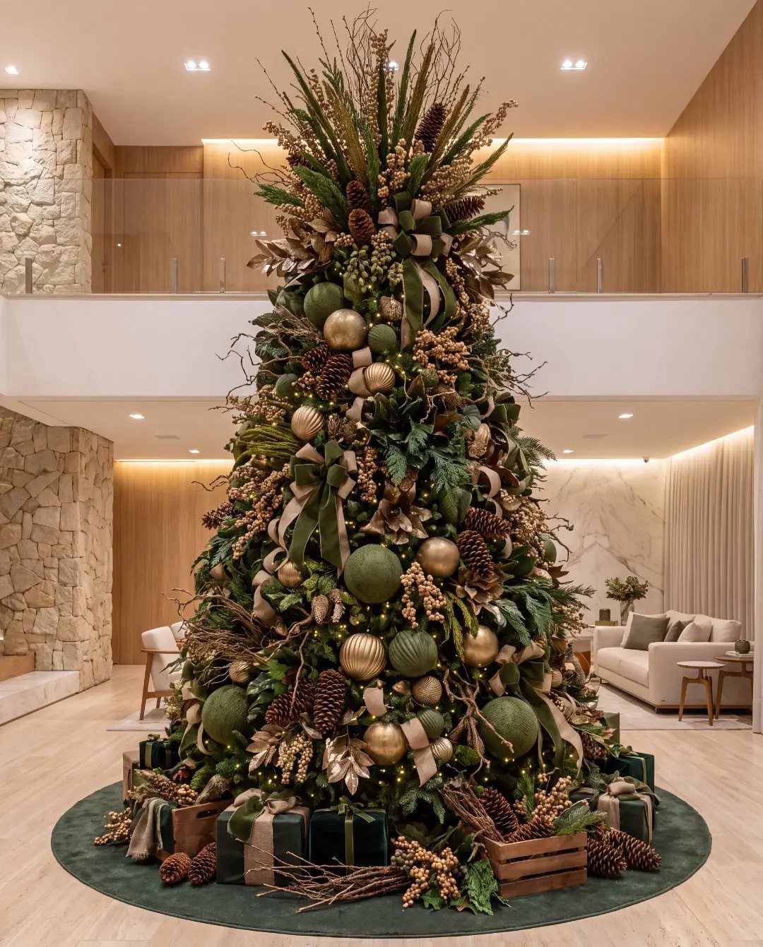 Decorated Christmas tree with gold and green ornaments in a modern neutral living room