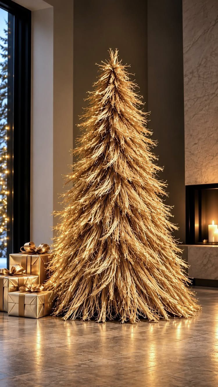 Gold metallic Christmas tree with gold wrapped presents in a modern living room