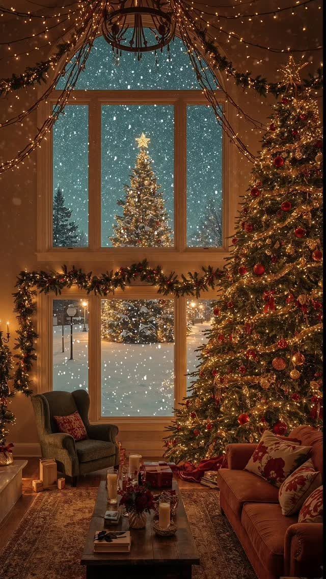 Decorated Christmas tree with red and gold ornaments in a cozy living room.
