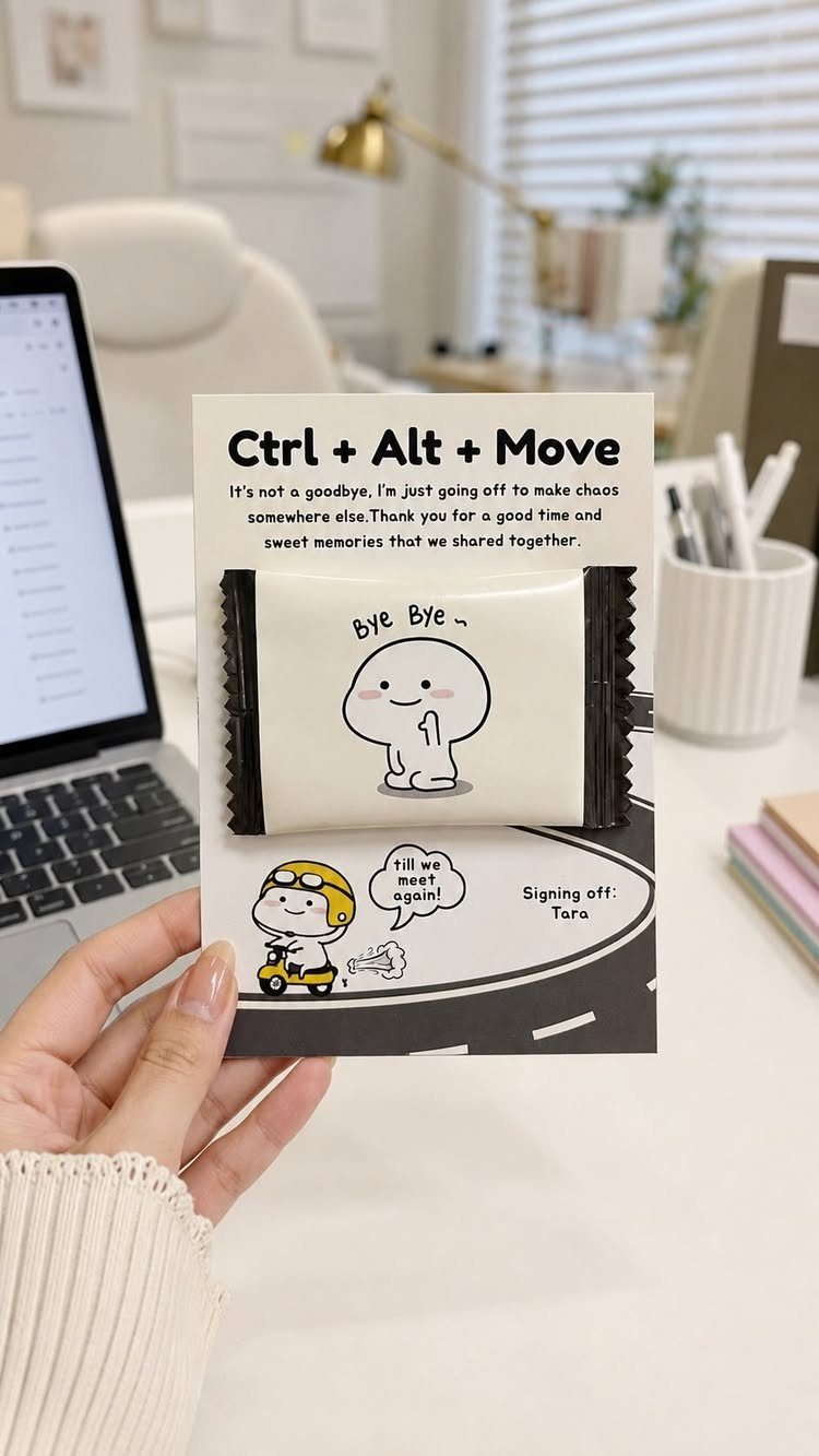 Farewell card and snack gift for a coworker on a white office desk