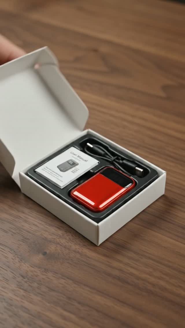 Red power bank and charging cable in a white gift box on wood.