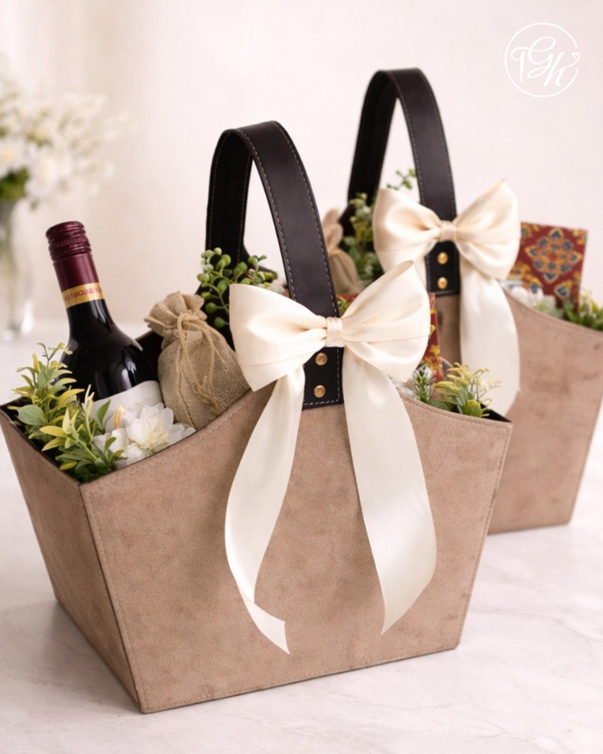 Tan gift bags containing a bottle of red wine and small green plants.
