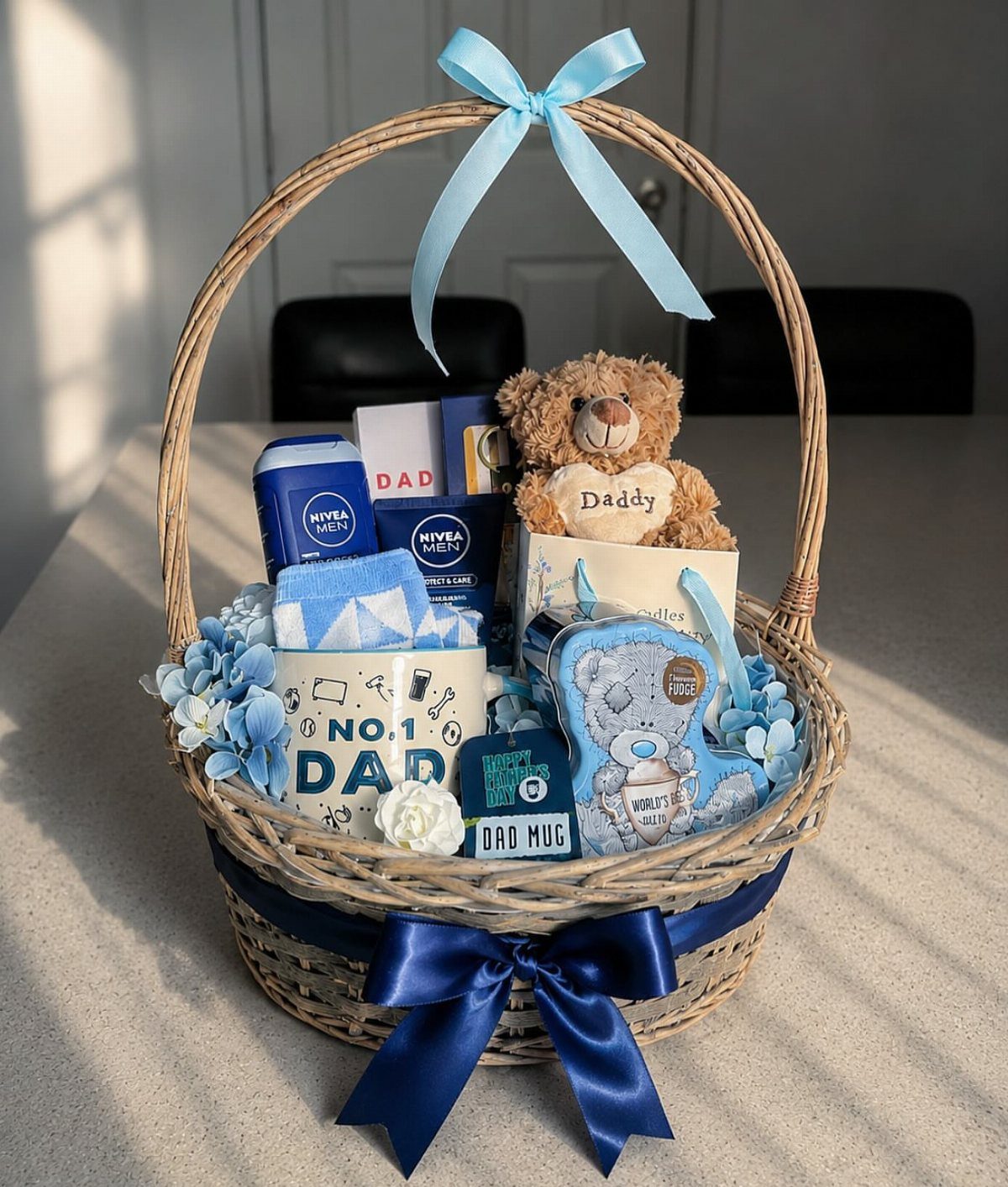 Wicker gift basket for Father's Day with a teddy bear and grooming products.