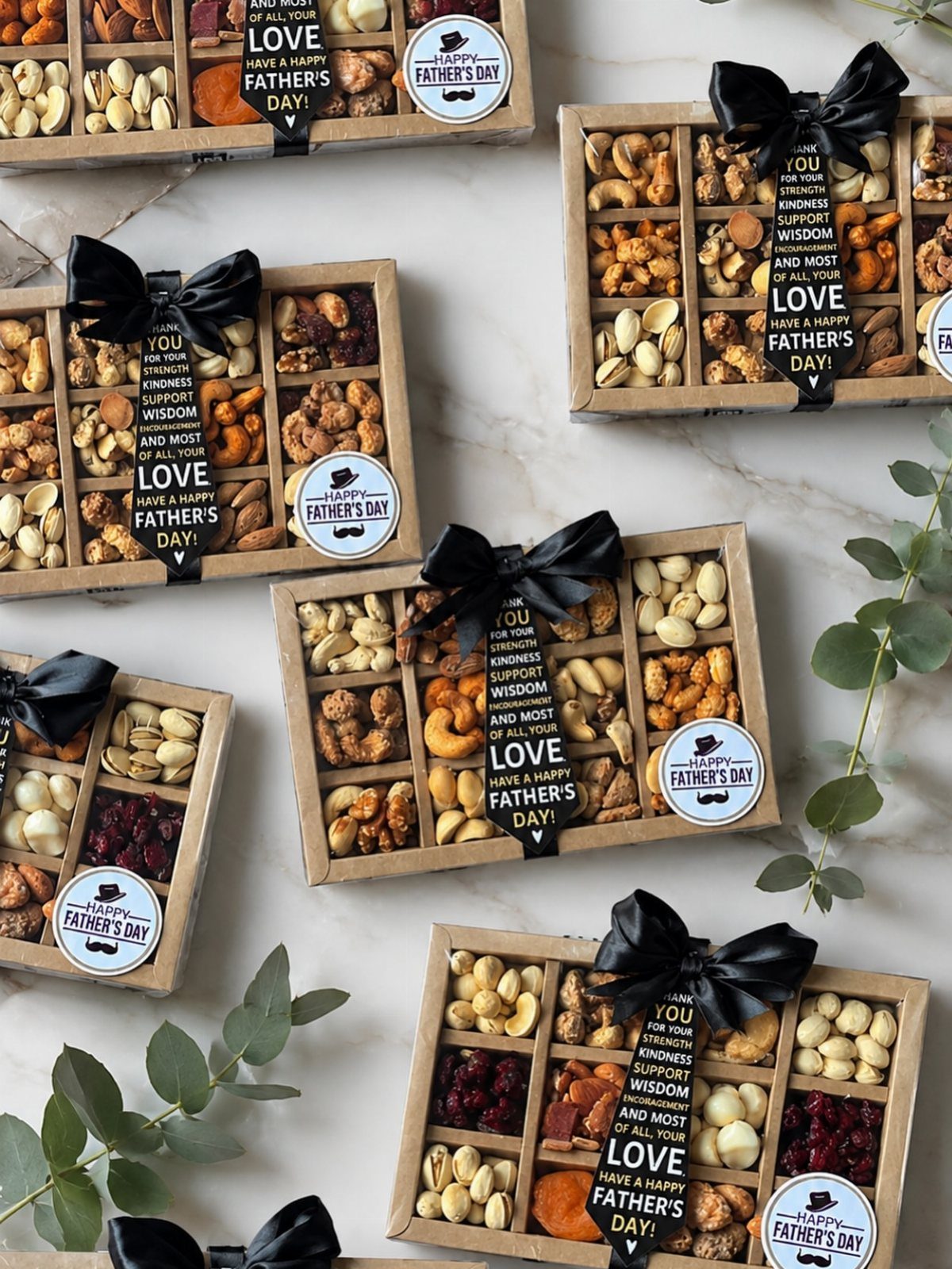 Wooden gift boxes filled with gourmet nuts and dried fruits for Father's Day.