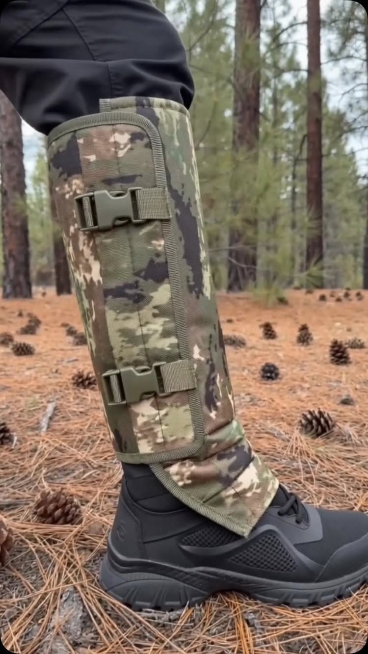 Camouflage leg gaiter worn with black hiking boots on a pine needle forest floor