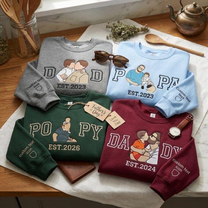 Personalized long-sleeved sweatshirts with fatherhood illustrations and dates on a wooden table.