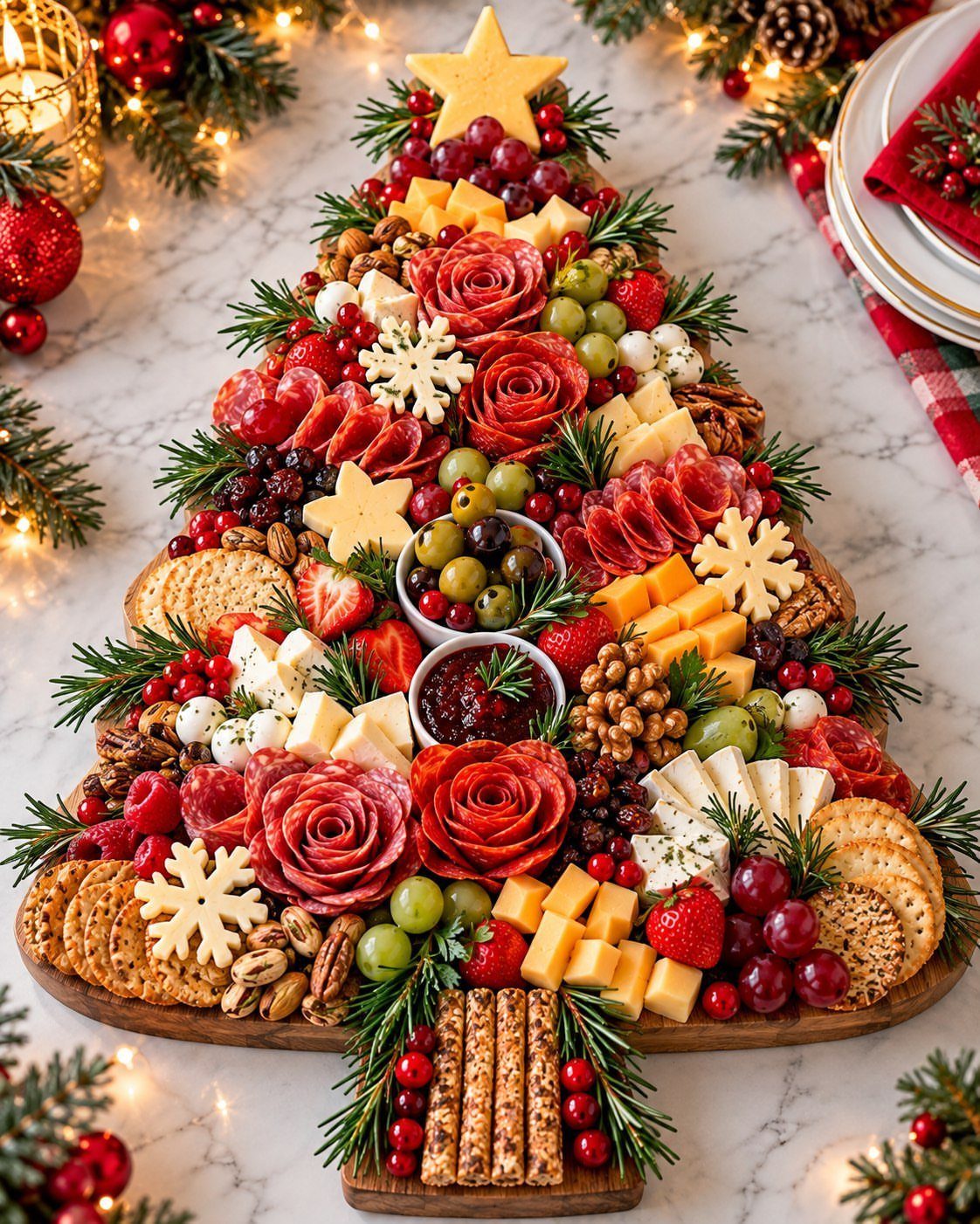 Charcuterie board shaped like a Christmas tree with meats, cheeses, and fruits.