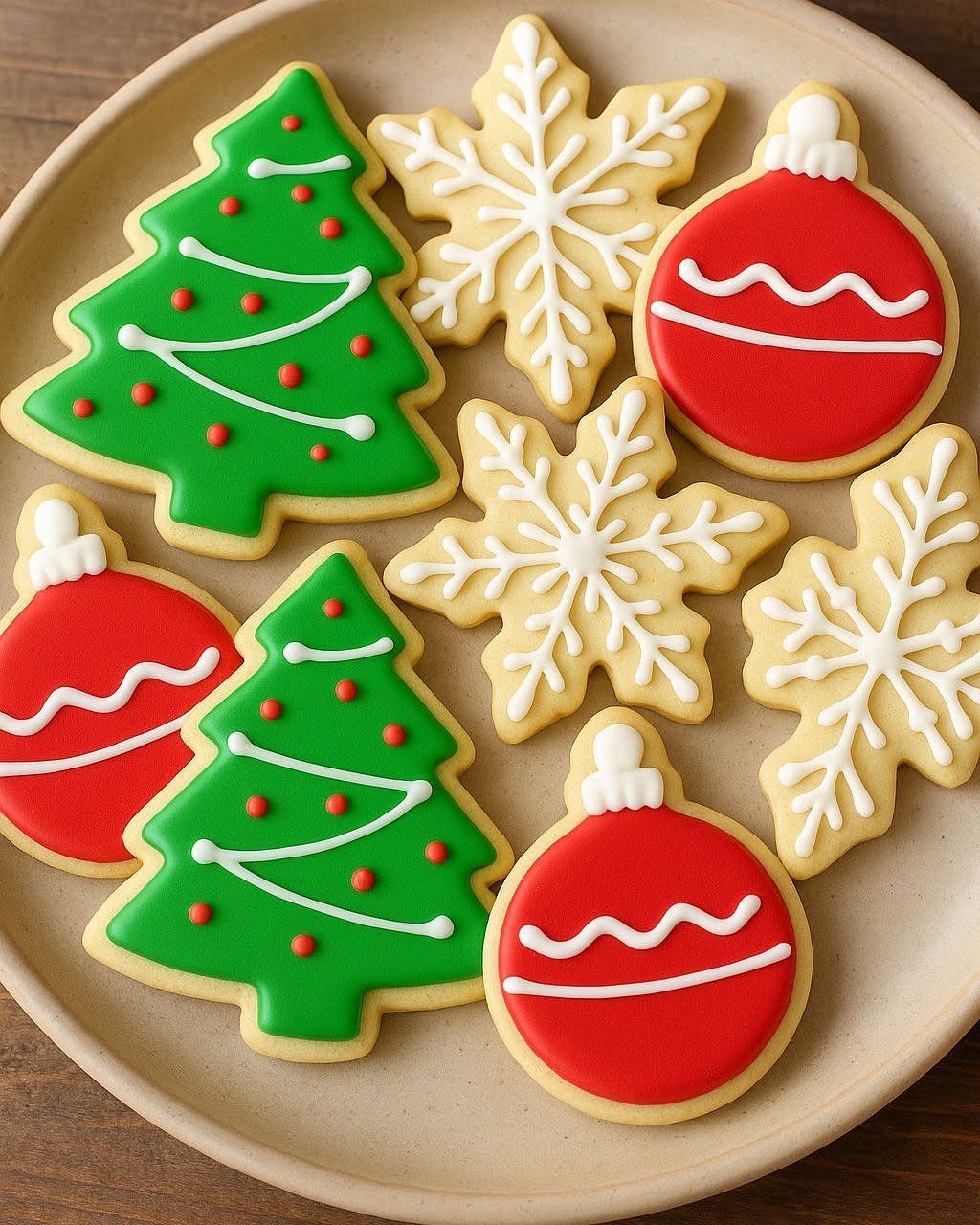 Christmas sugar cookies shaped like trees, ornaments, and snowflakes on a beige plate.