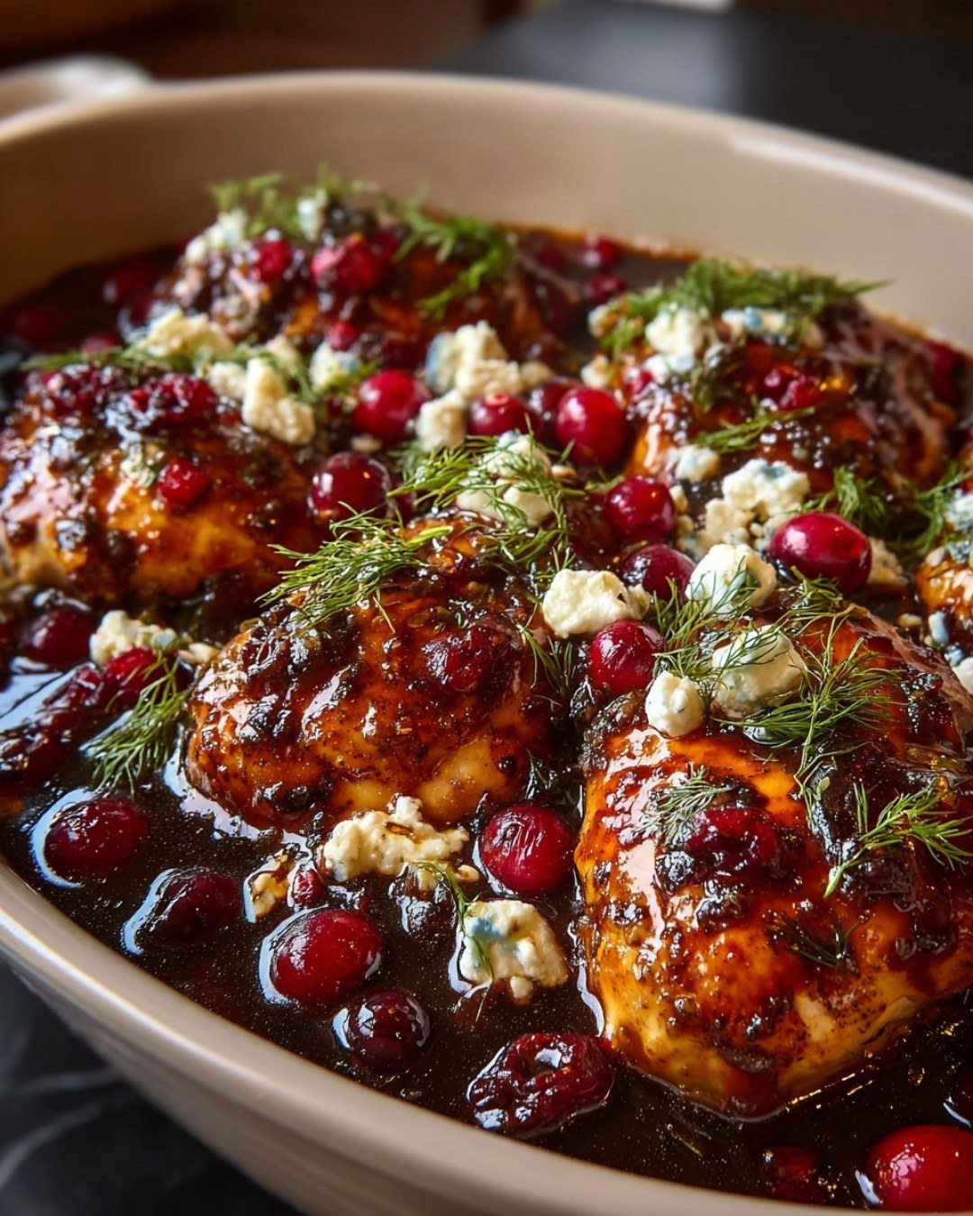 Roasted chicken thighs with cranberry glaze, white cheese crumbles, and fresh dill.
