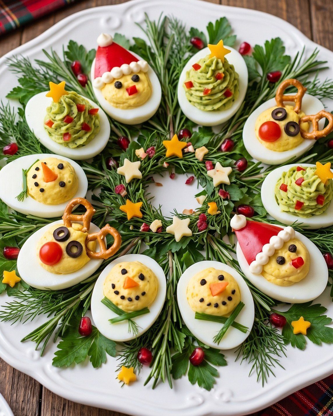 Deviled eggs decorated as holiday characters arranged in a festive circular wreath platter.