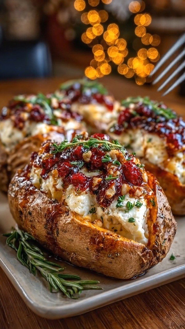 Stuffed baked potatoes topped with cranberry nut glaze and herbs on a platter