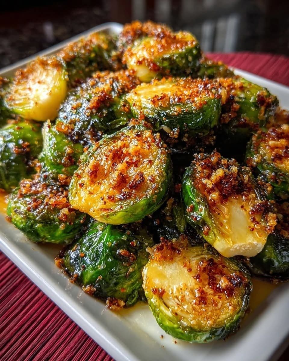 Roasted Brussels sprouts with a golden glaze on a white rectangular serving platter.