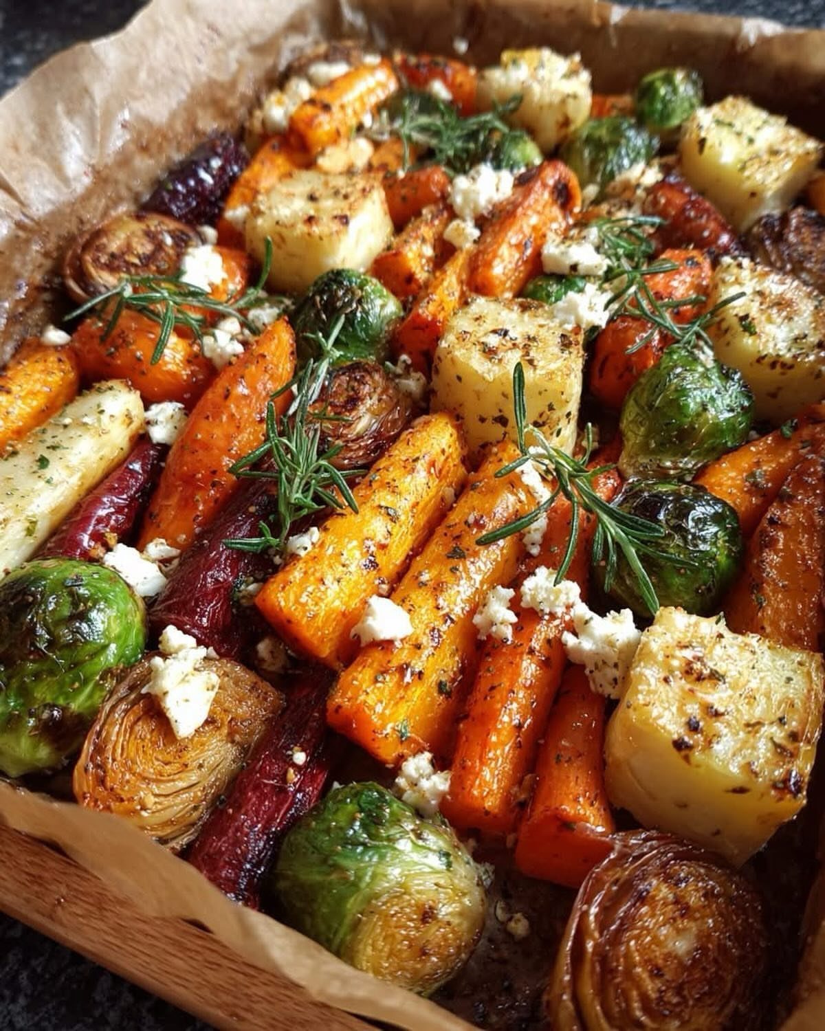 Roasted carrots, Brussels sprouts, and parsnips with feta and rosemary on baking paper