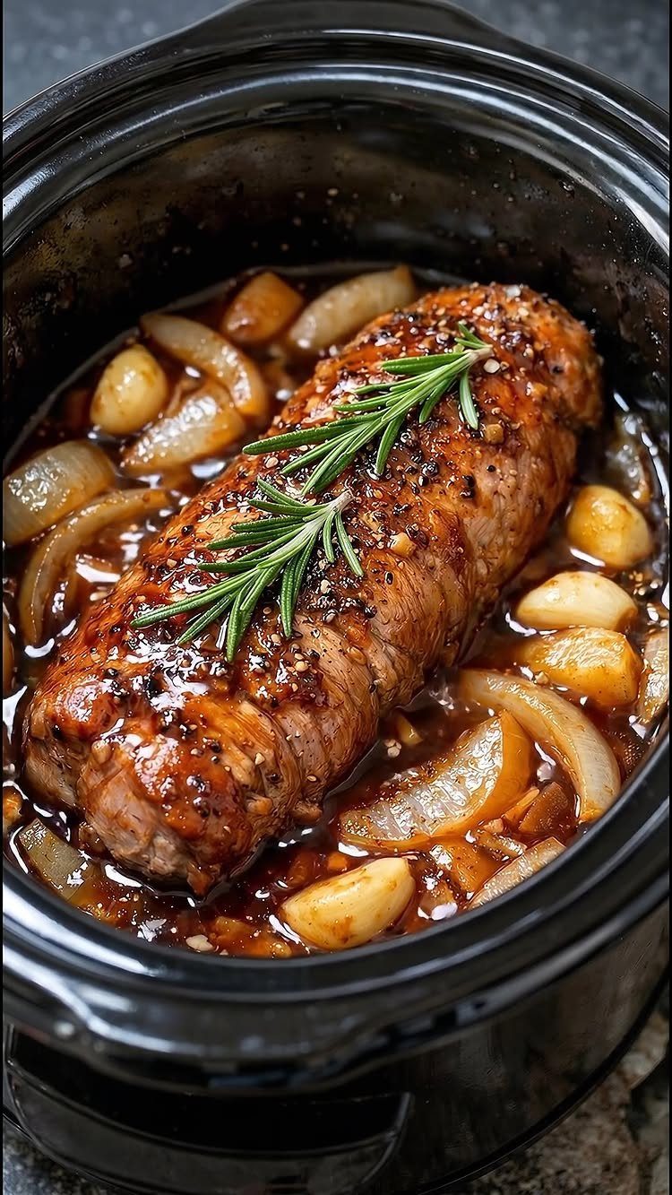 Roasted beef tenderloin with rosemary, onions, and garlic in a black slow cooker.