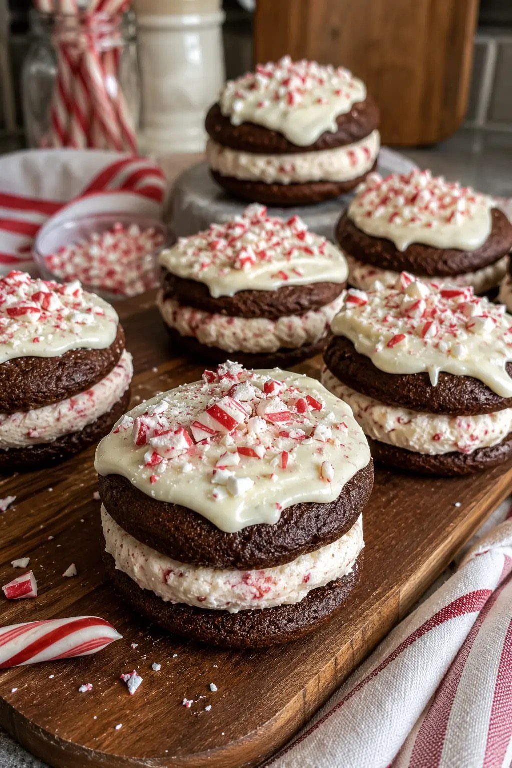 Chocolate peppermint patties with white frosting and crushed candy canes on wooden board