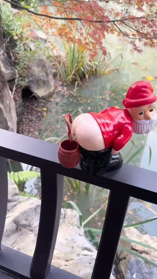 Santa Claus figurine with pants down perched on a black outdoor railing