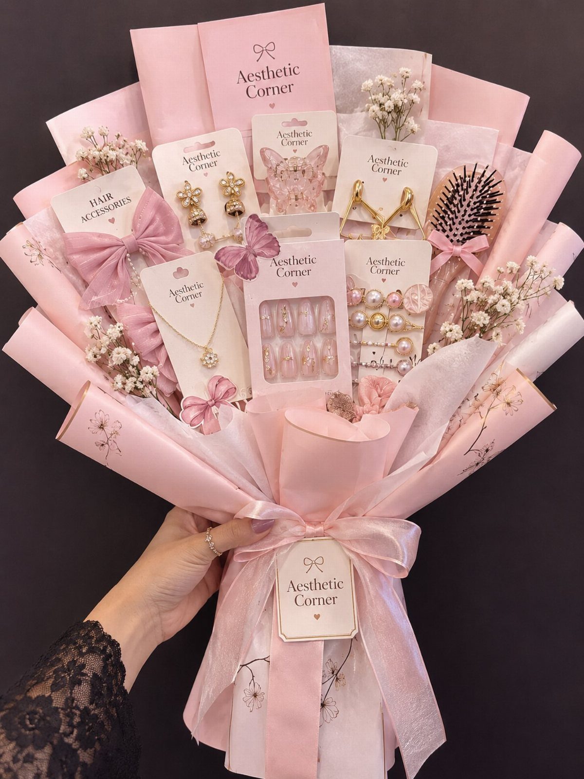 Pink gift bouquet featuring jewelry, press-on nails, and hair accessories wrapped in paper.