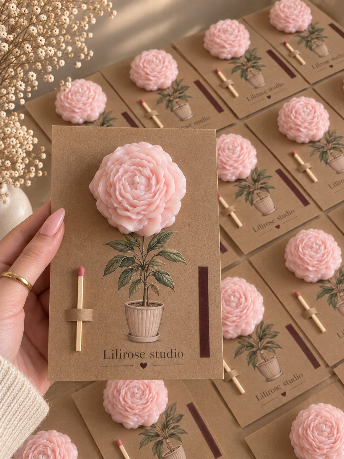 Pink flower-shaped candles on brown cards with matches and botanical illustrations.