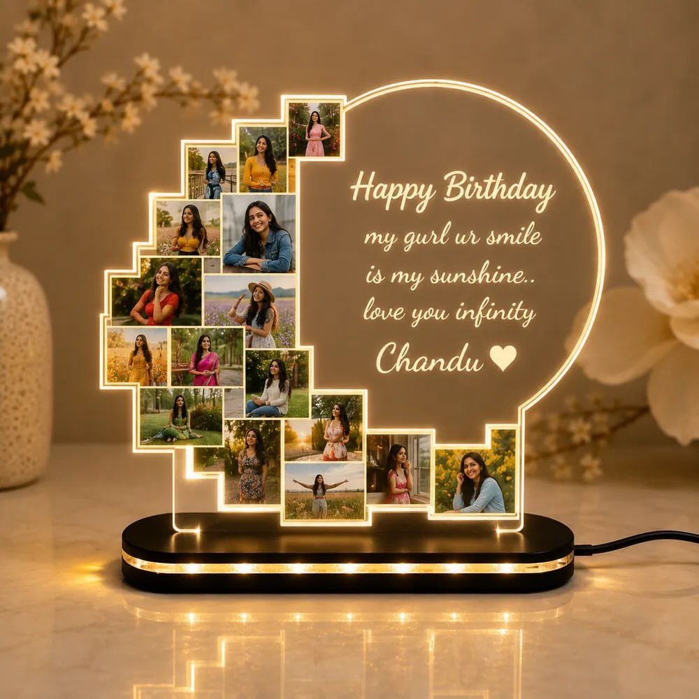 Personalized acrylic LED birthday lamp with photo collage and heartfelt message for a woman