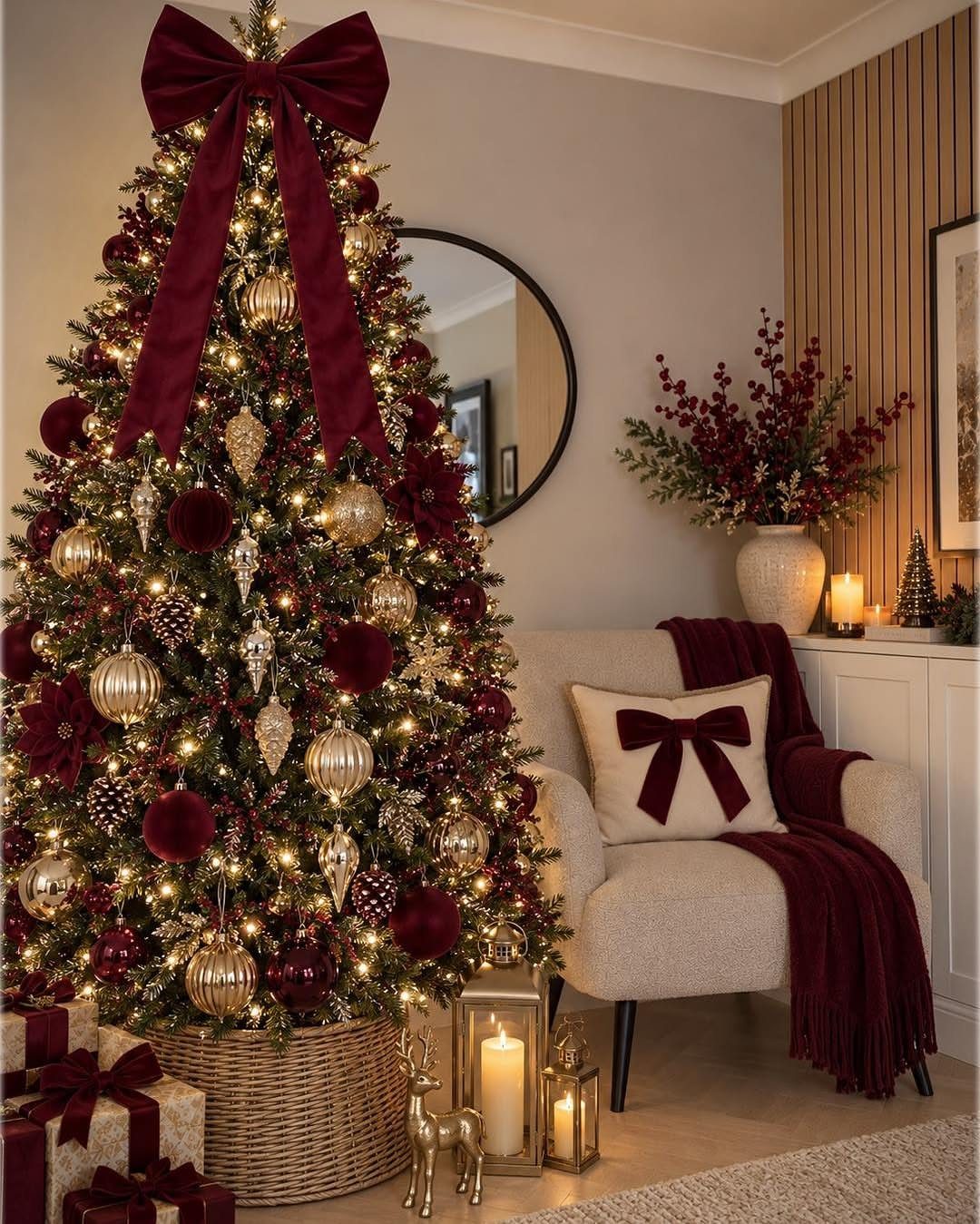 Decorated Christmas tree with gold ornaments and a large burgundy bow on top.