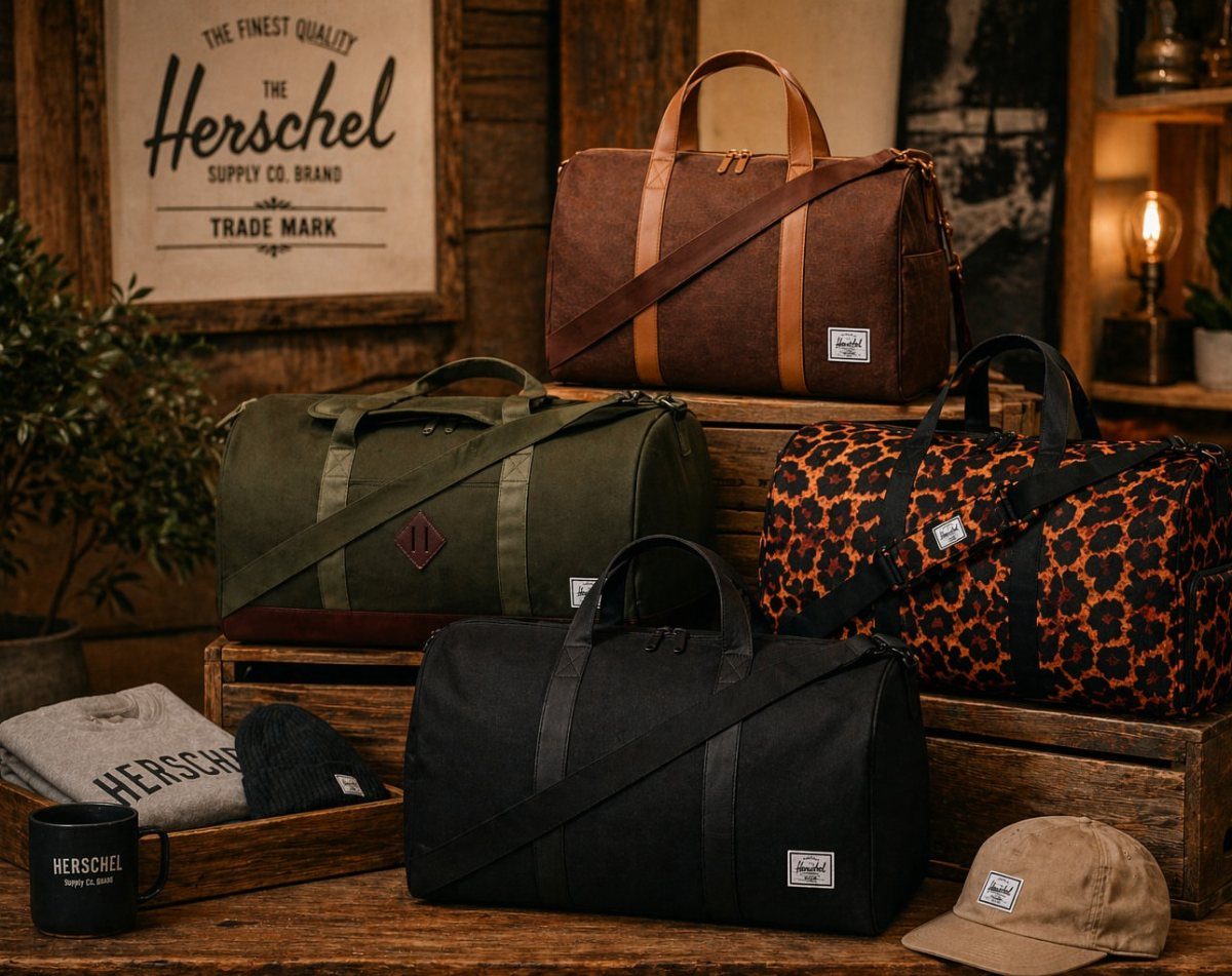 Herschel duffle bags in various colors and patterns displayed on rustic wooden crates.
