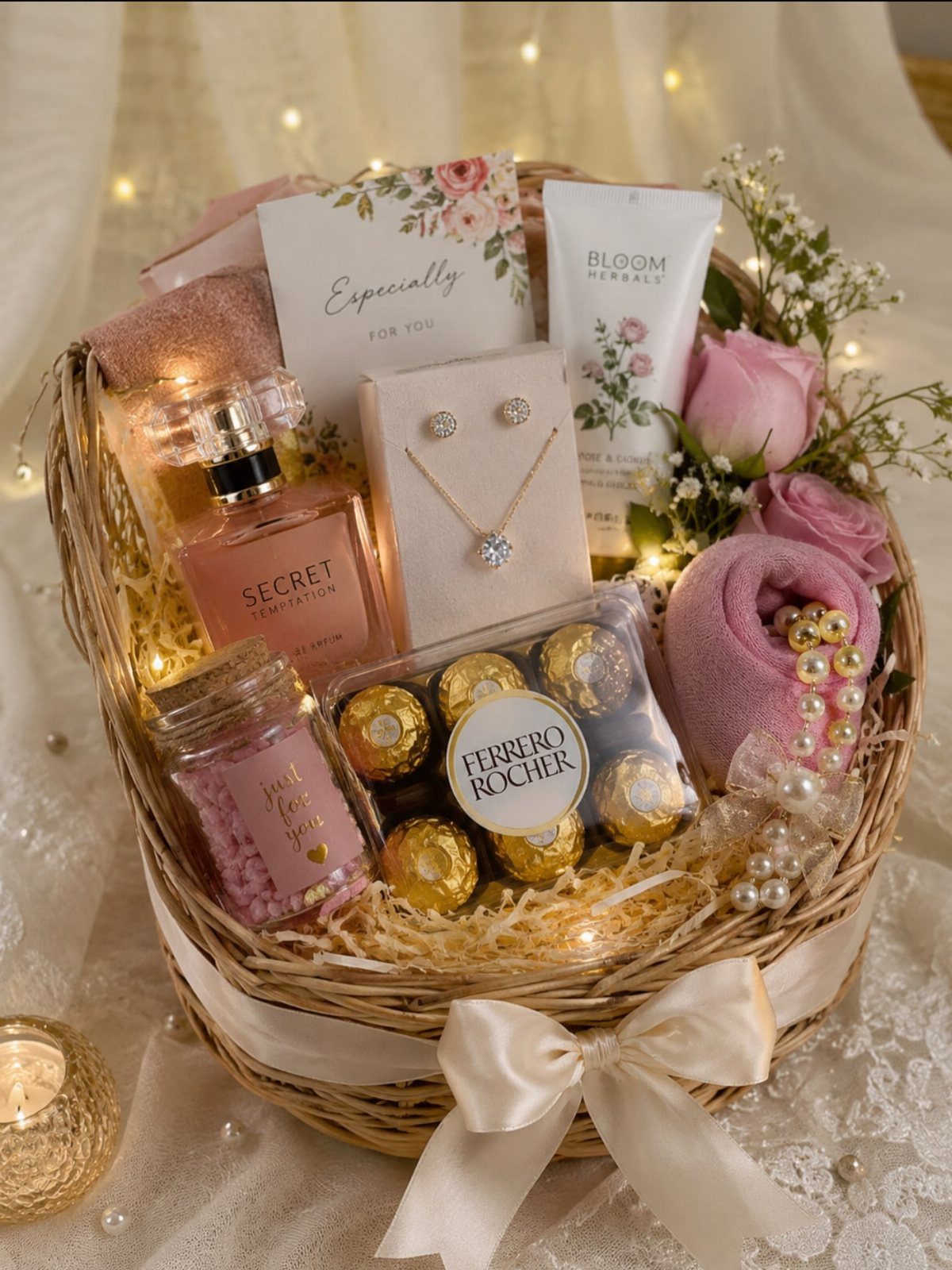 Wicker gift basket containing chocolates, jewelry, perfume, and skincare products with pink accents.