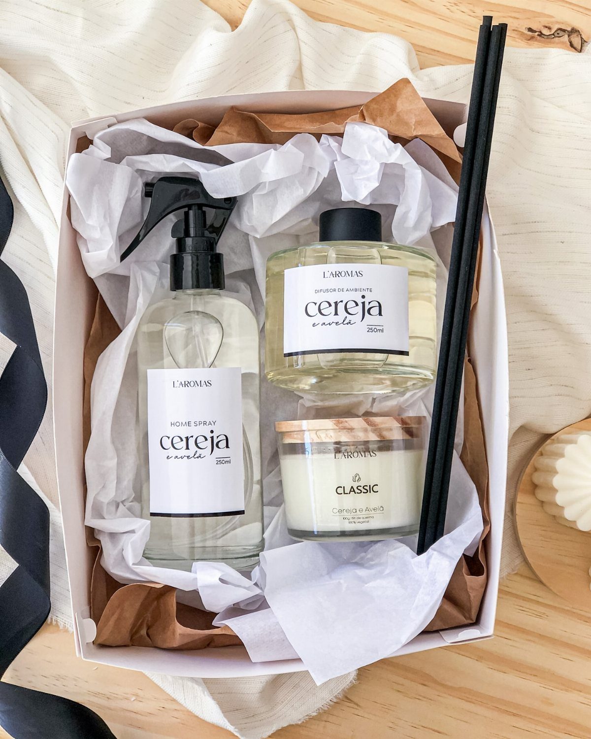 Fragrance gift set with spray, candle, and reed diffuser in a white box.