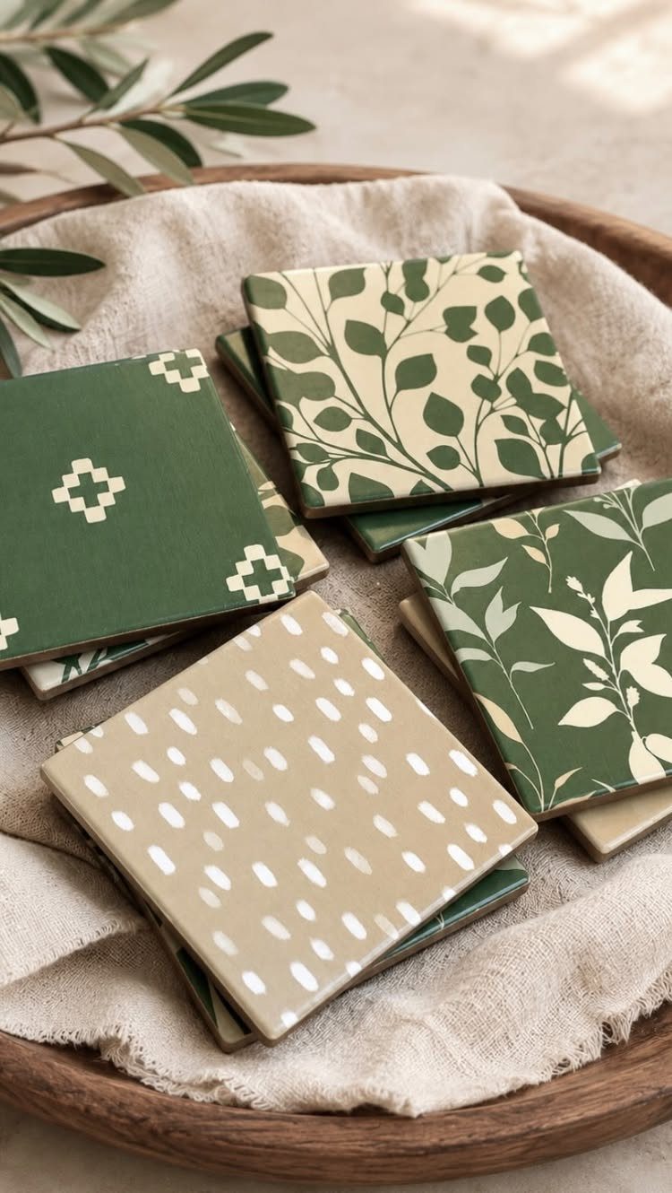 Square patterned coasters in green and beige resting on a linen cloth tray.