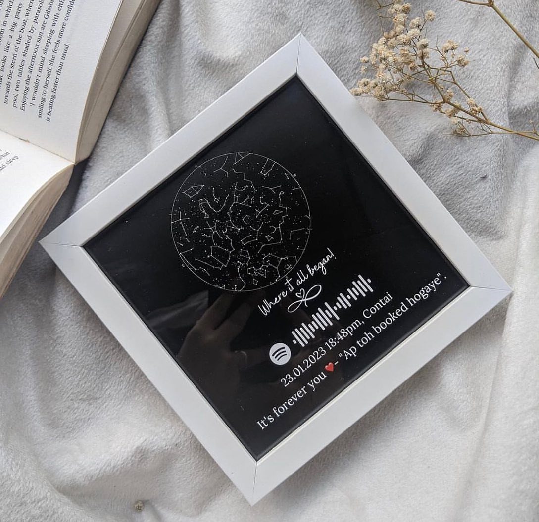 Custom star map print in a white frame with a Spotify code and text.