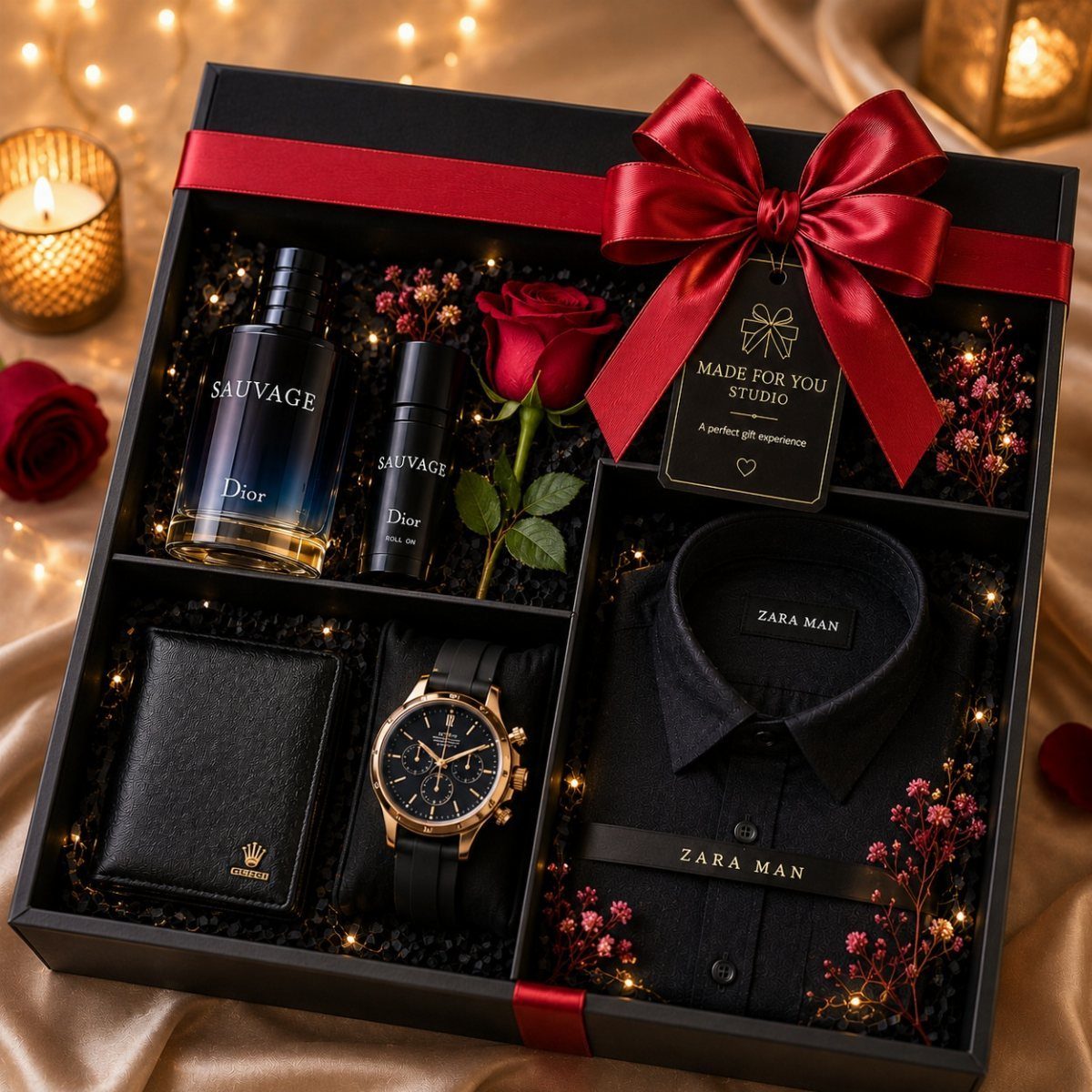 Luxury men's gift box with a black watch, perfume, wallet, and black shirt.