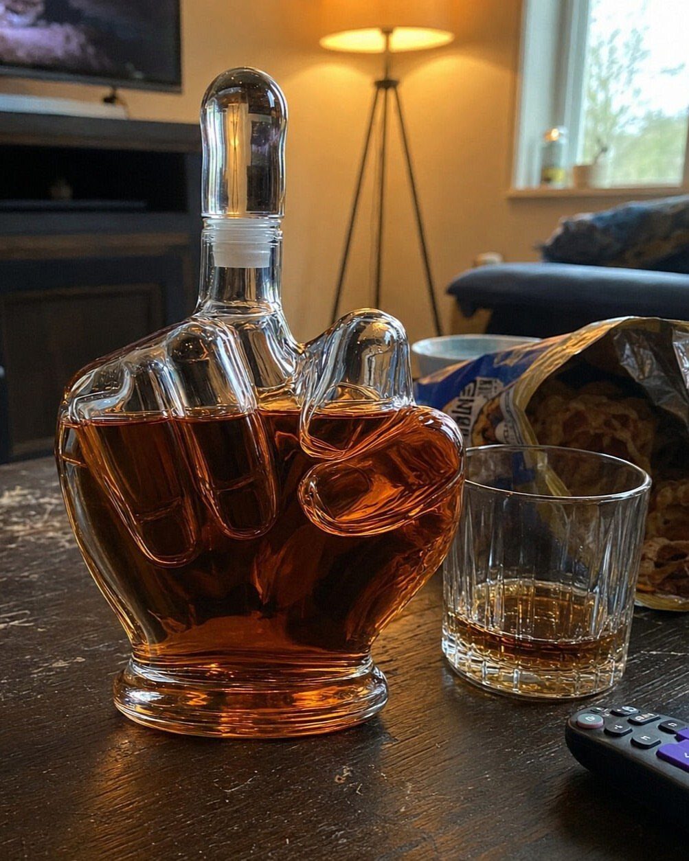 Fist-shaped glass whiskey decanter filled with amber liquor on a dark wooden table.