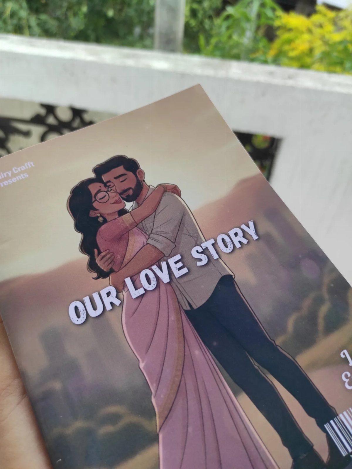 Personalized love story book cover featuring a cartoon illustration of a couple embracing.