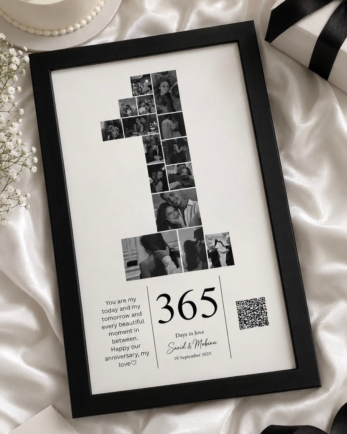 Personalized photo frame with pictures forming the number one and anniversary text.