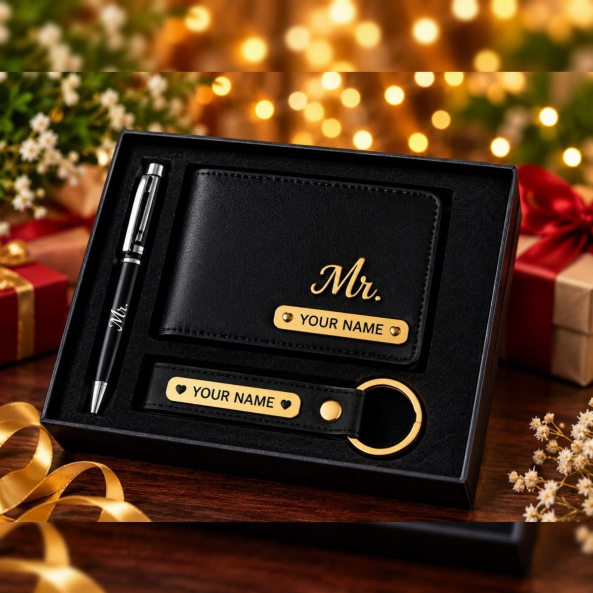 Black leather wallet, pen, and keychain gift set in a black presentation box.