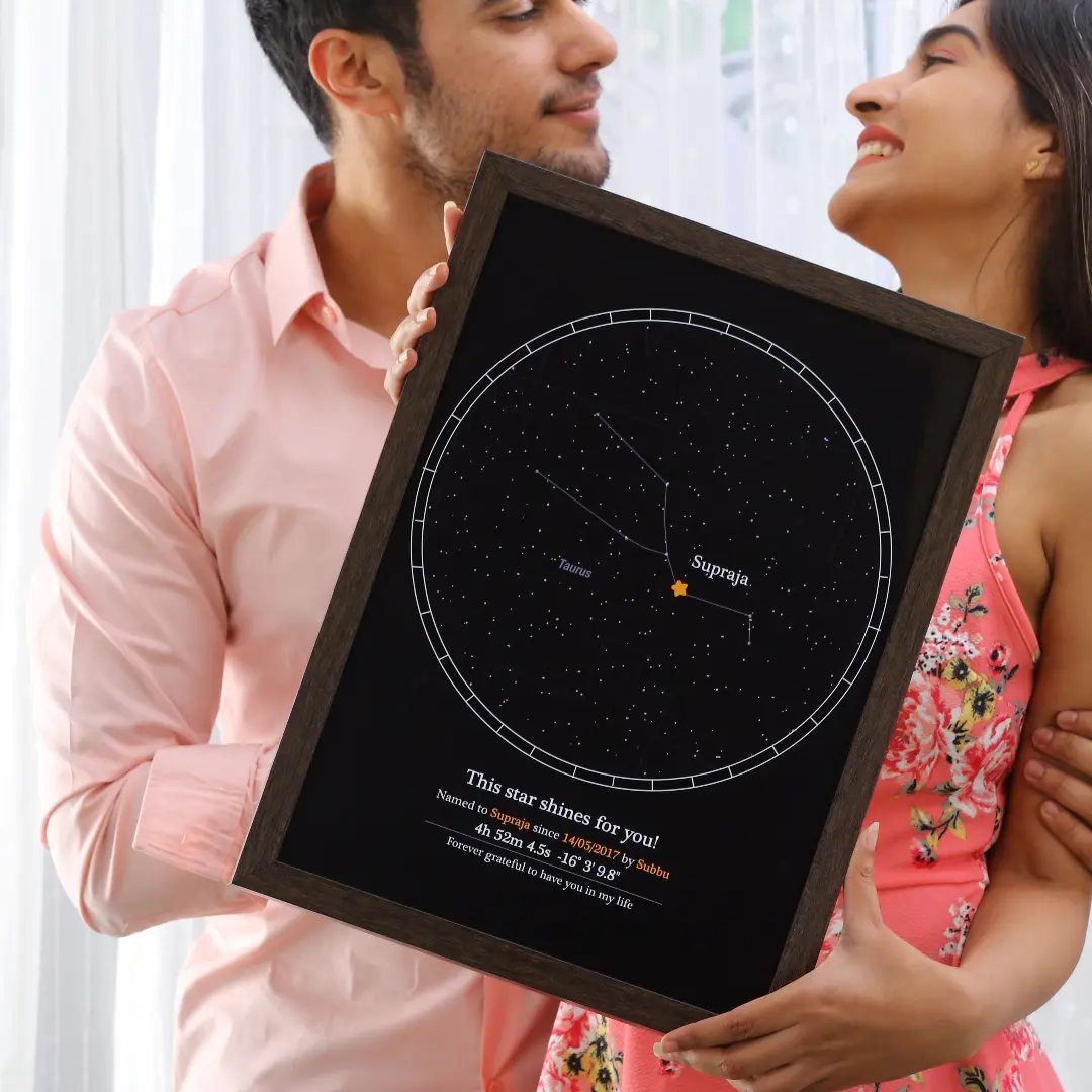 Couple holding a framed personalized star map with a highlighted orange star.