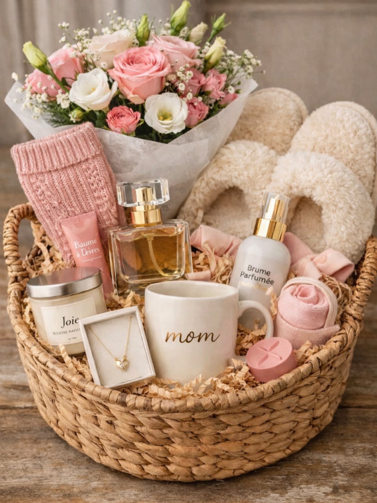 Woven gift basket with a mom mug, roses, perfume, and fluffy slippers.