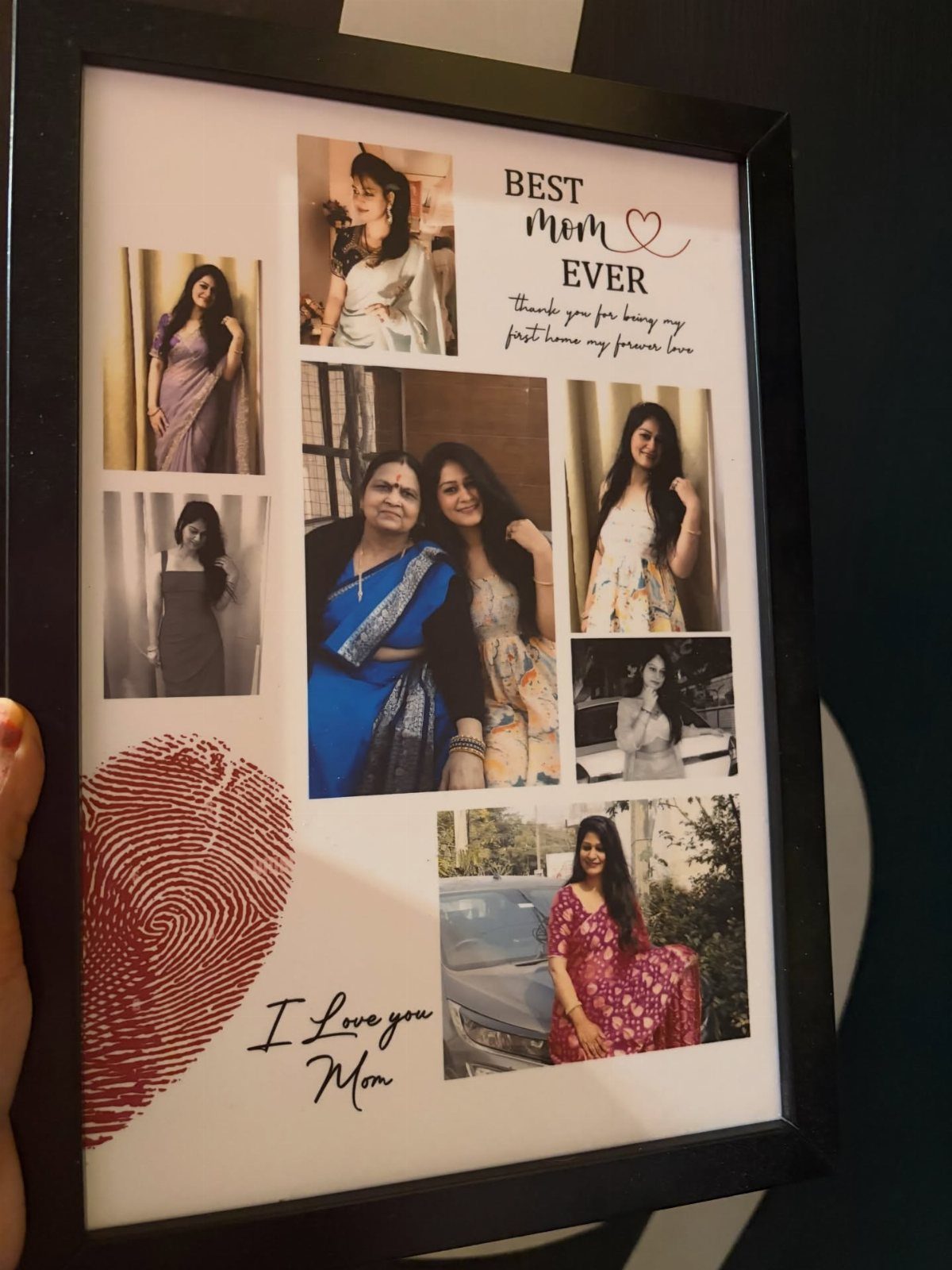 Black picture frame with a photo collage and text dedicated to a mother.