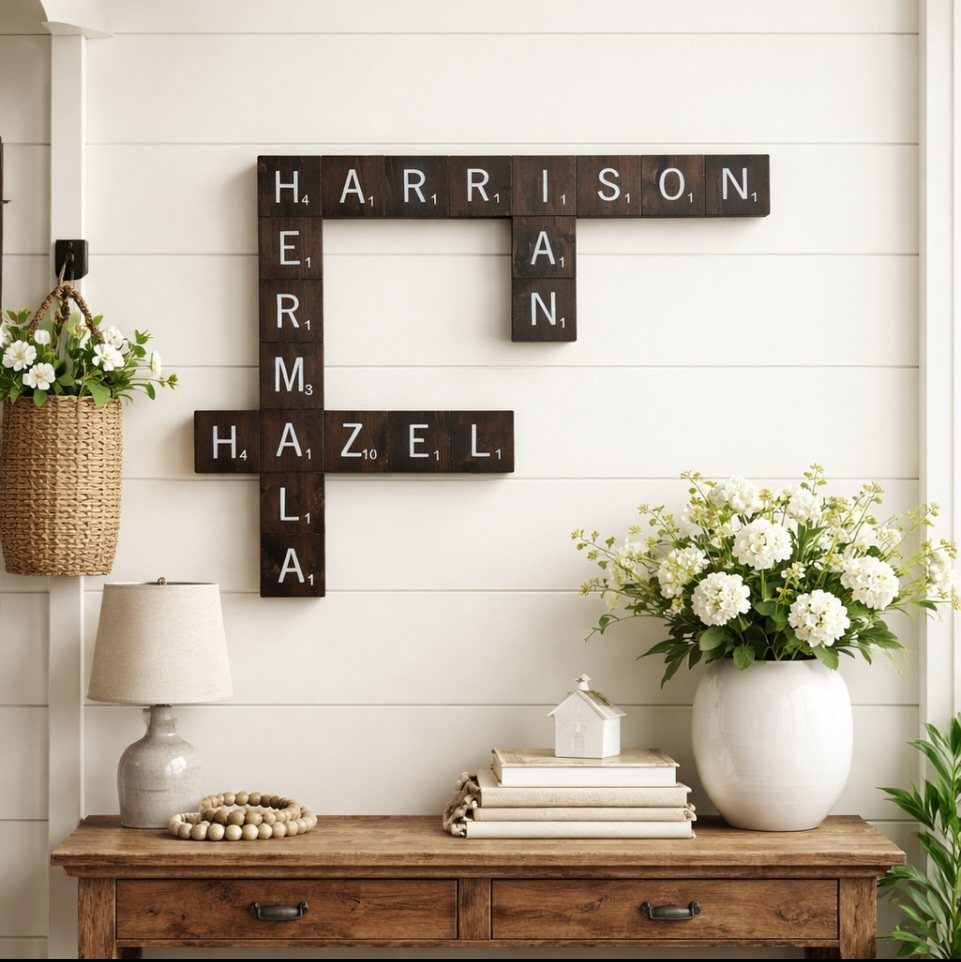 Wooden crossword wall sign with family names on a white shiplap wall