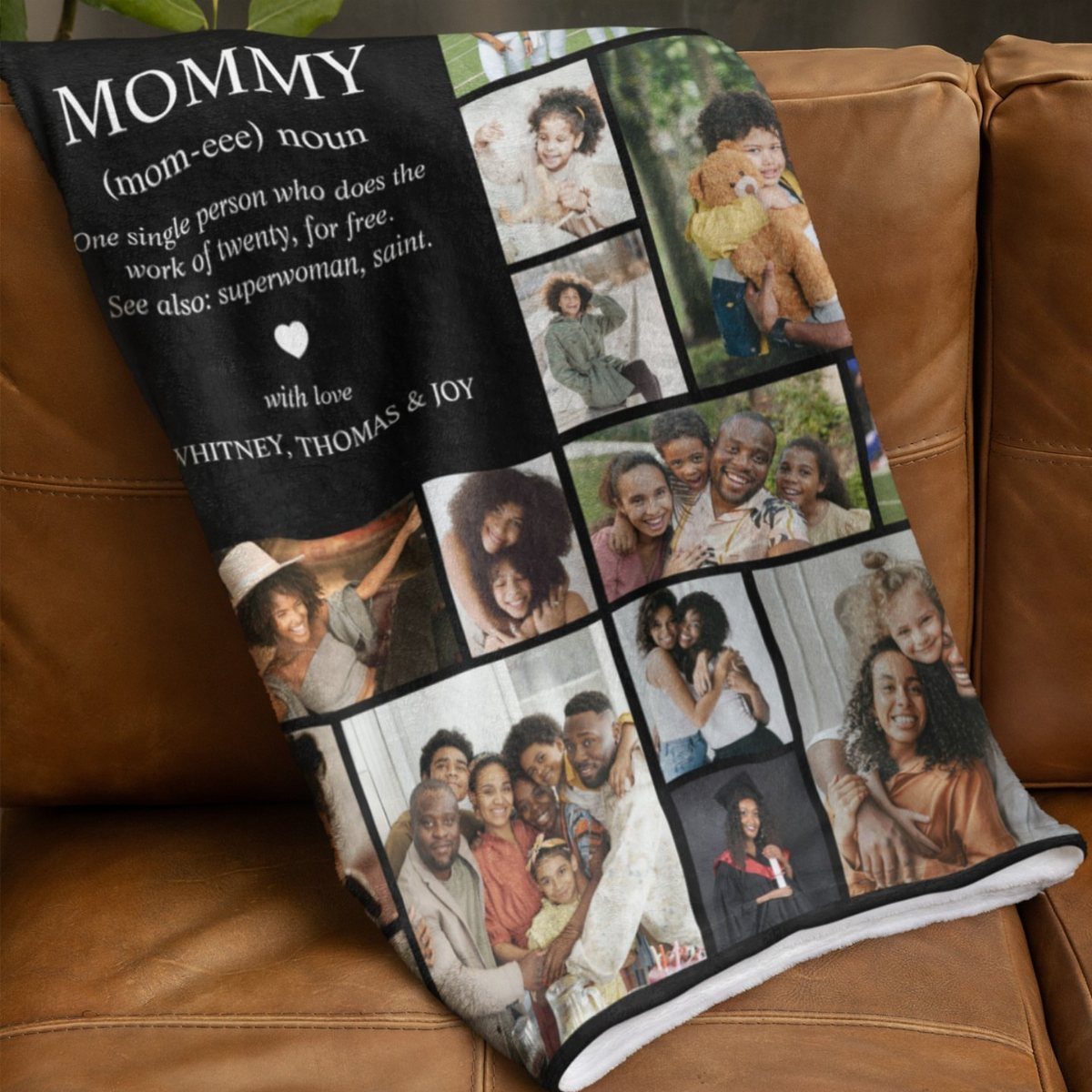 Personalized fleece throw blanket with family photo collage and text on leather sofa