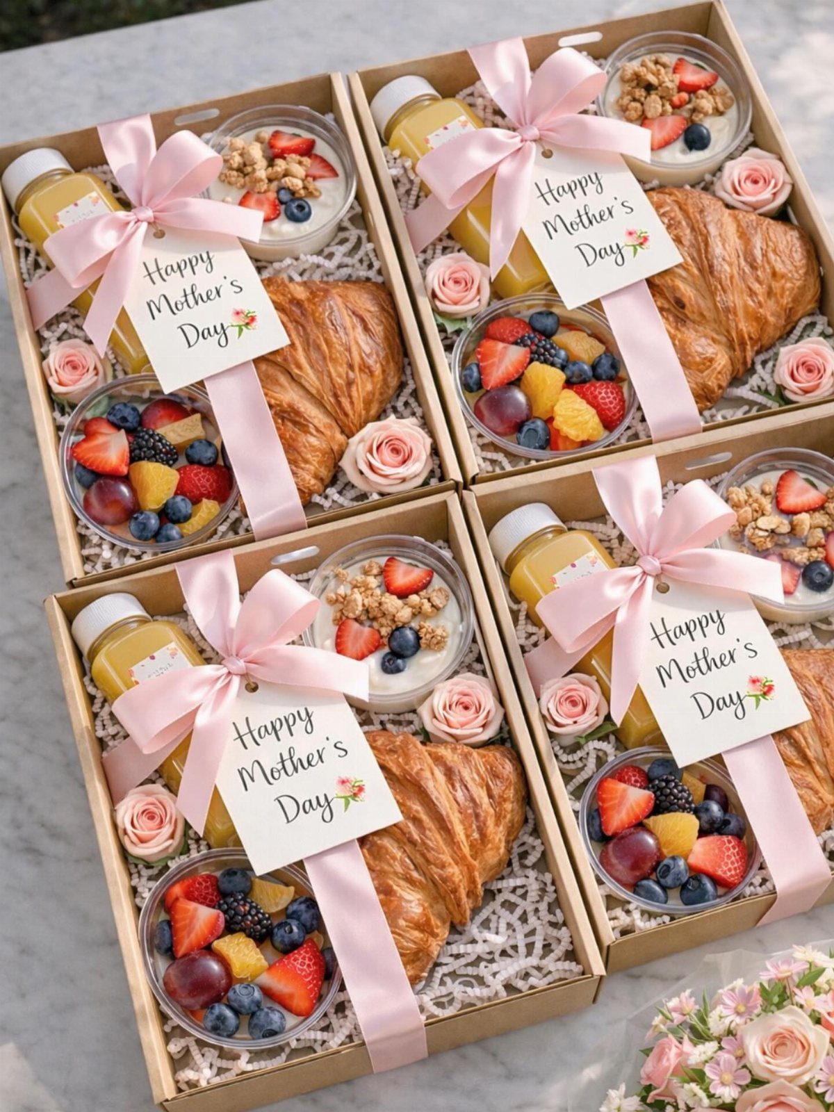Four Mother's Day breakfast gift boxes with croissants, fruit, yogurt, and pink ribbons.