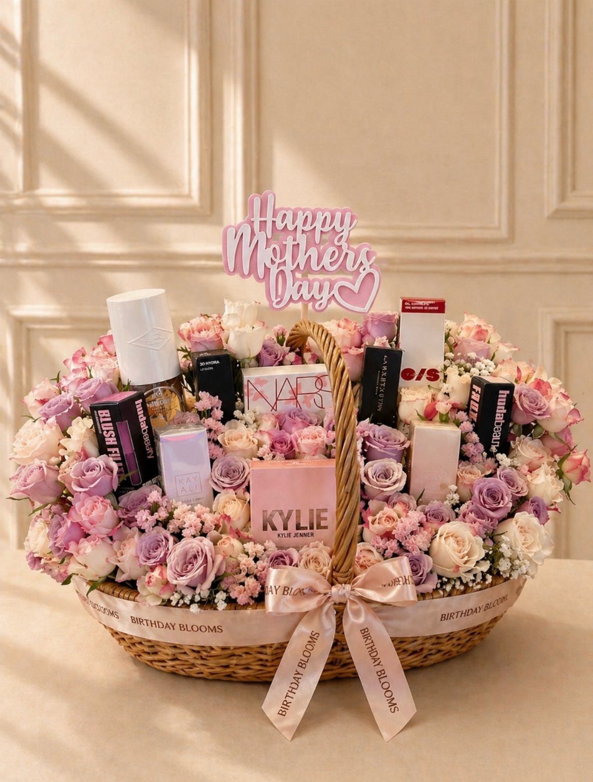 Wicker gift basket with pink roses and luxury skincare and makeup products.