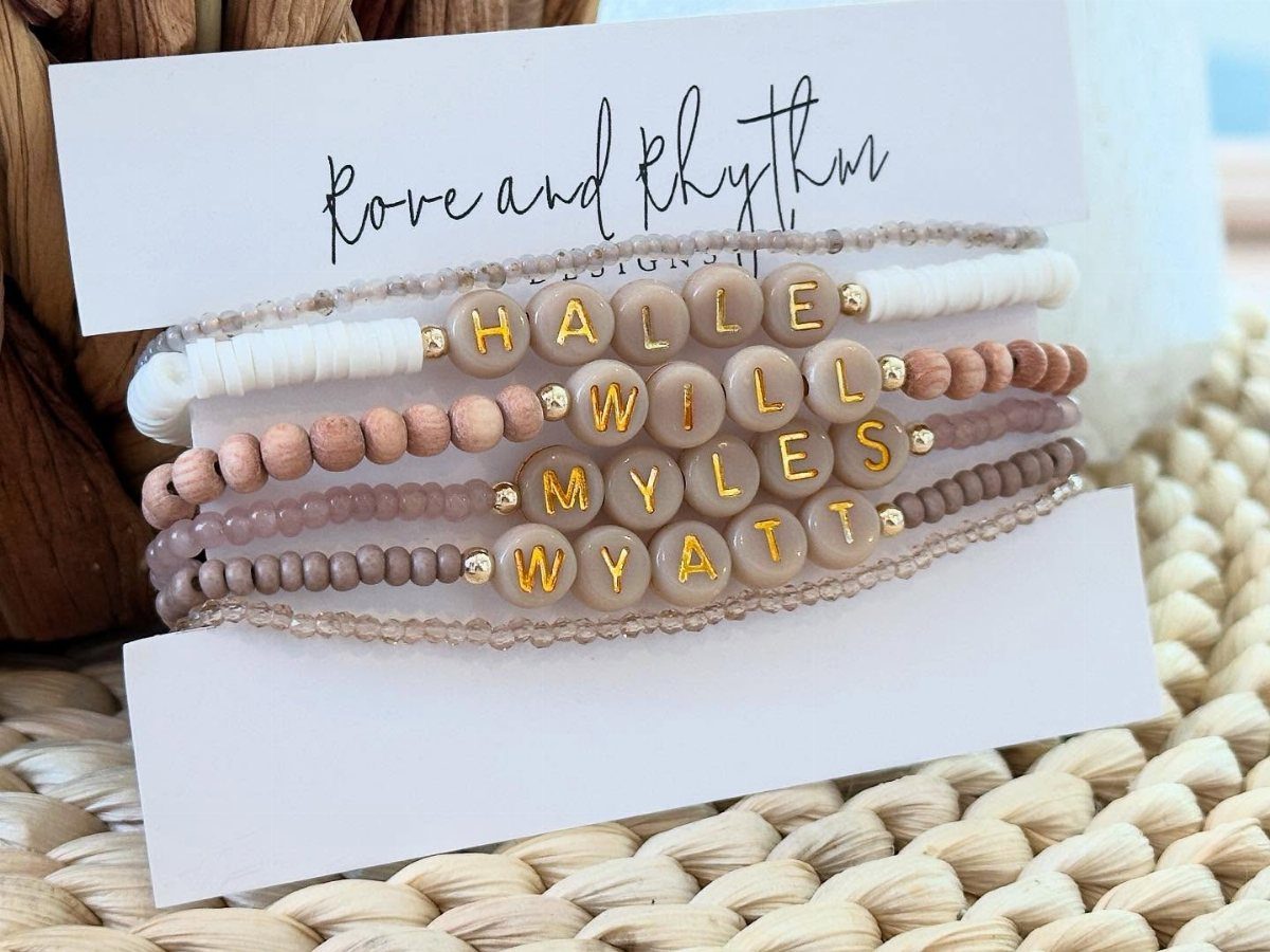 Beaded bracelets with personalized names Halle, Will, Myles, and Wyatt on a card.