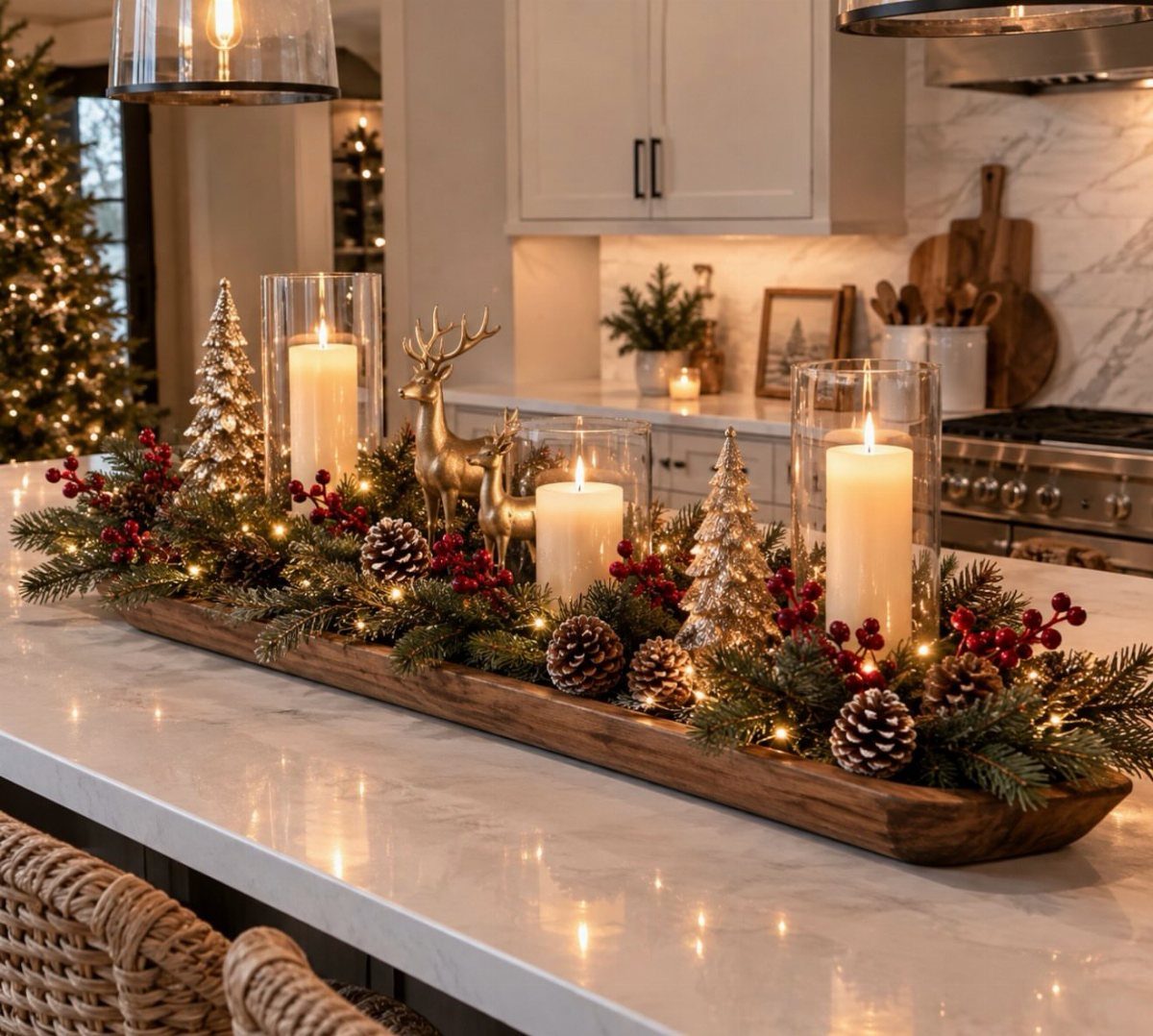 Wooden centerpiece bowl with greenery, red berries, white candles, and gold glittery ornaments.