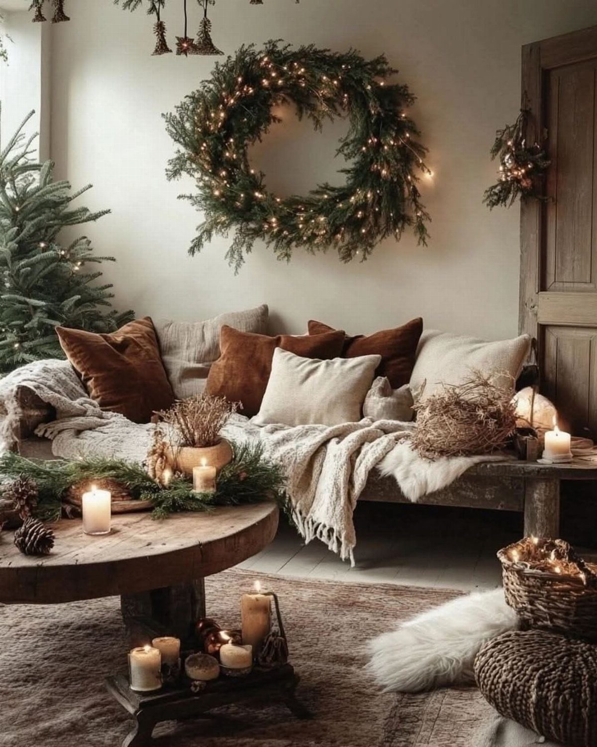 Cream and white pillows and throws on a sofa in a neutral Christmas room.