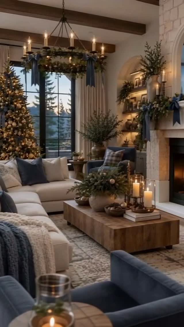 Cozy living room with neutral decor, blue accents, and a decorated Christmas tree.