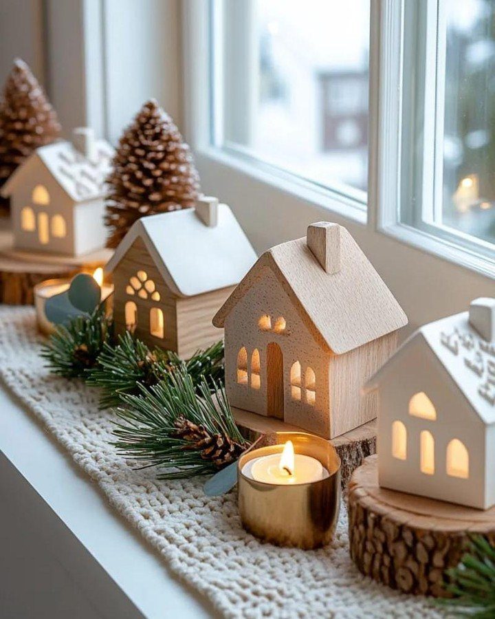 Wooden house lanterns and pinecones on a windowsill with greenery and candles.