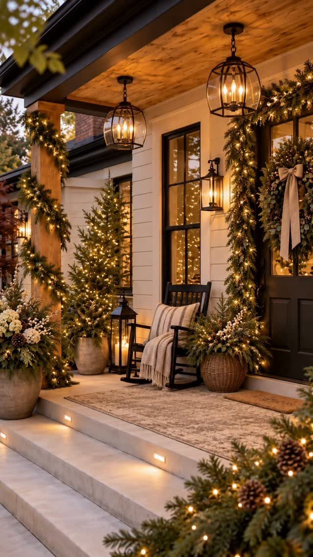 Cozy porch with a black rocking chair, cream throw, and festive greenery garlands.